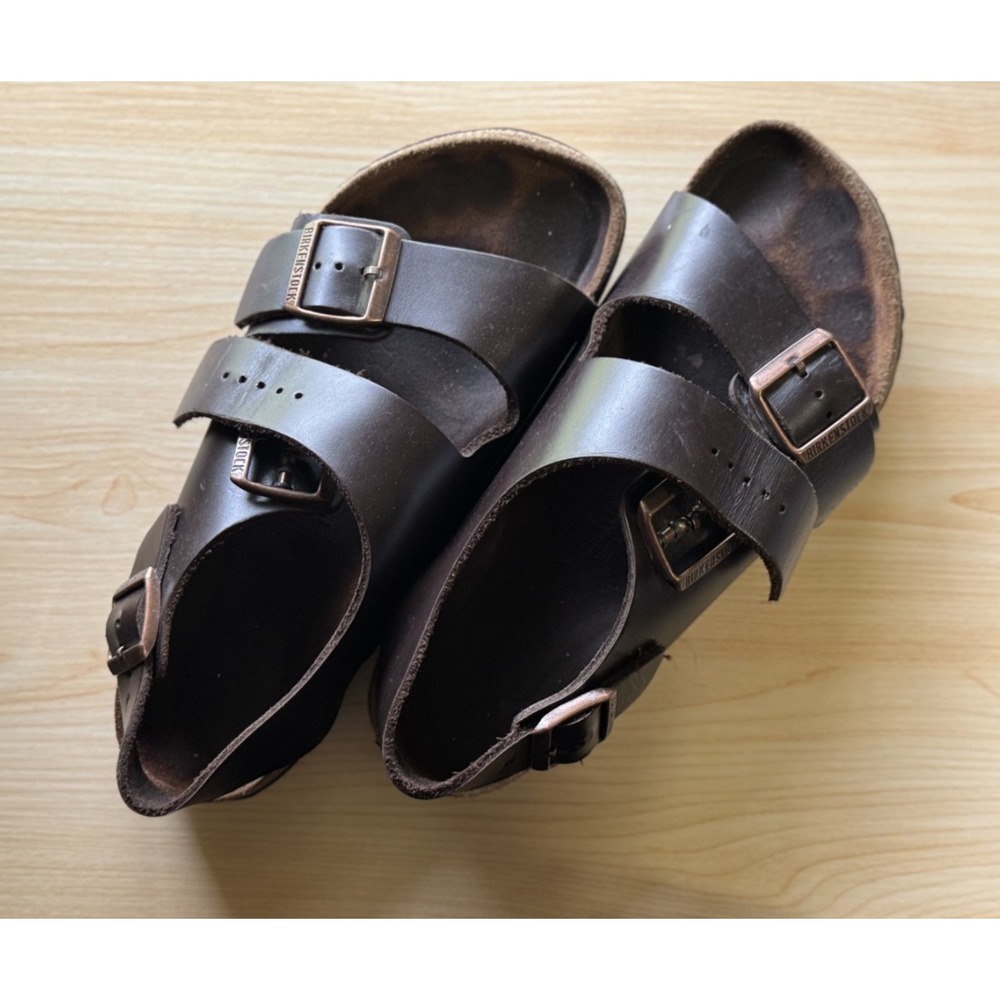 Birkenstock Arizona Sandals Dark Brown Leather Copper Buckle Women 38 US 7-7.5